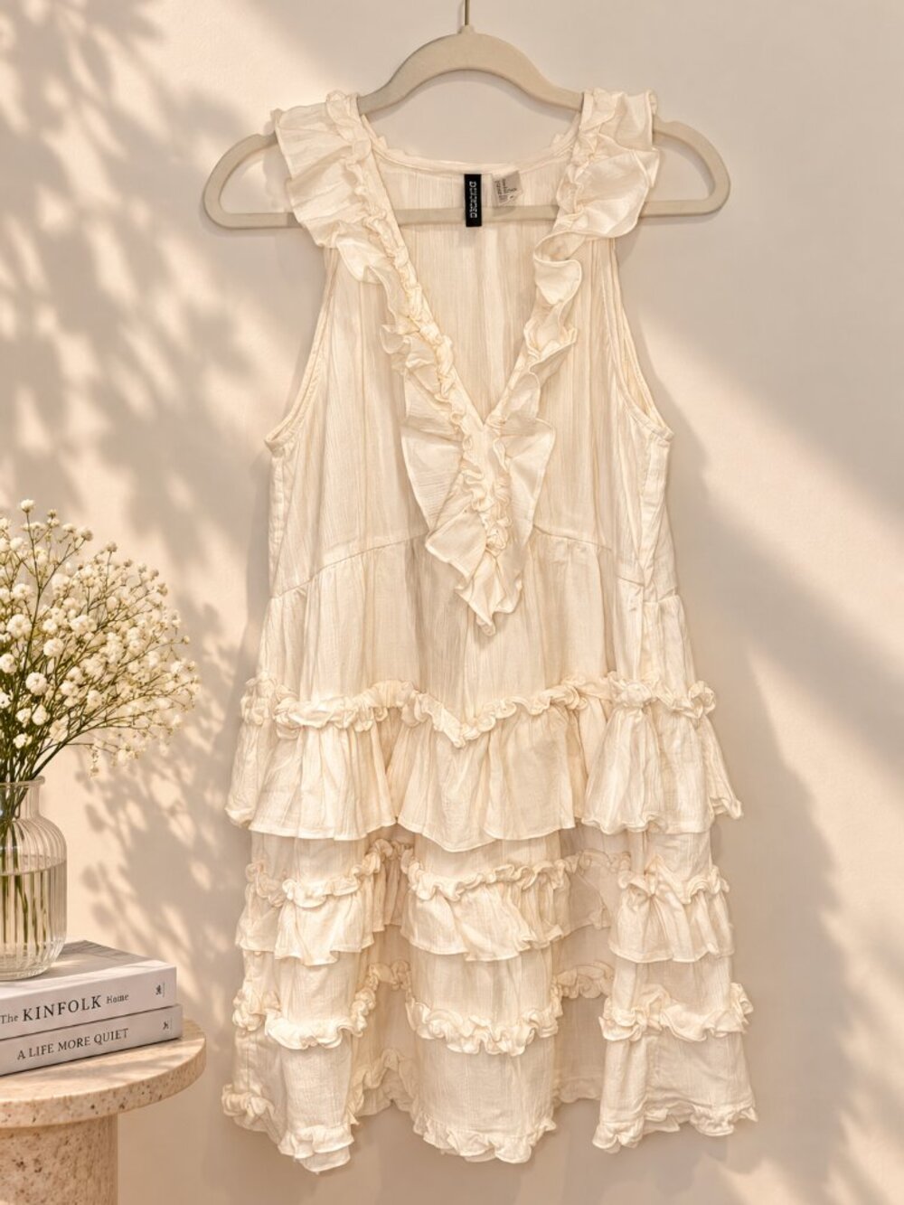 H&M Cream Ivory Ruffle Tiered Mini Dress Size M